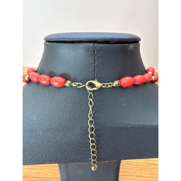 Vintage Red Beaded Multi-Layer Necklace Bronze Accents Adjustable Lobster Clasp - Picture 4 of 4